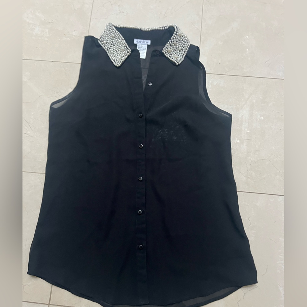 Chic Black Sleeveless Blouse with Embellished Collar—PERFECT FOR THE HOLIDAYS!!!